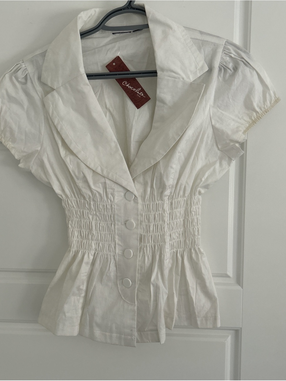 Chocolate White Short-Sleeve Button Front Blouse with Shirred Waist